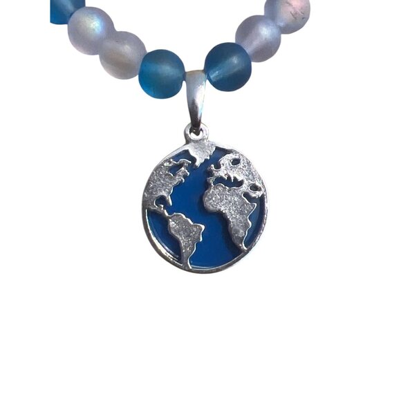 Vintage Blue Iridescent Frosted Beads Necklace Earth 2 Piece Pendant 18" Long - Picture 2 of 6